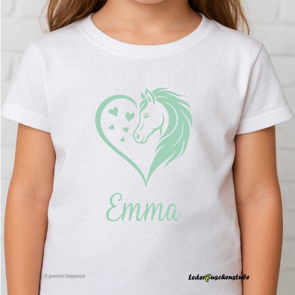 Designbeispiel auf einen Kinder T Shirt mit Plotterdatei Herz Pferd mit Namen mint